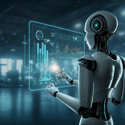 AI robot analyzing financial trading dashboard