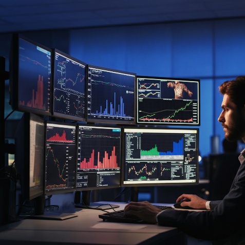 Professional trader at multi-monitor workstation